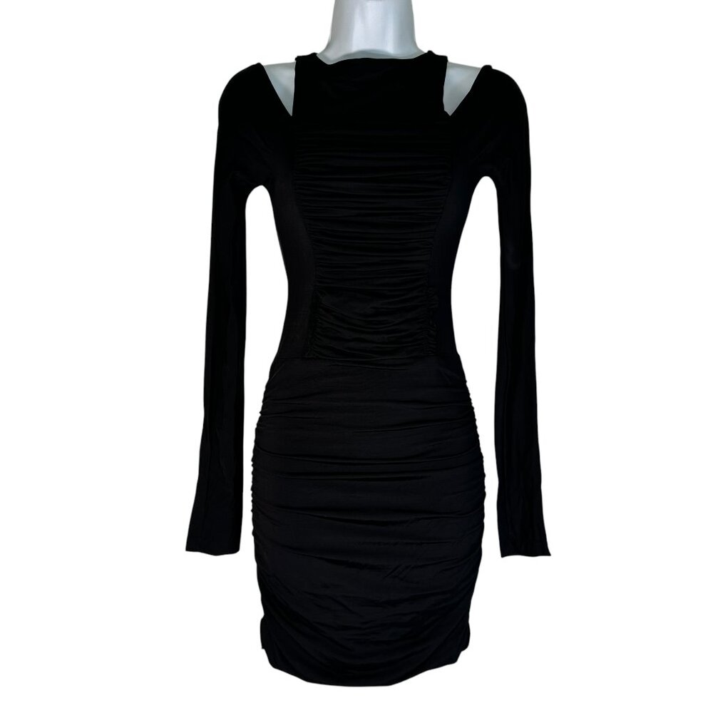 Pierre Balmain Black Ruched Bodycon Mini Dress Long Sleeve Cold Shoulder RARE